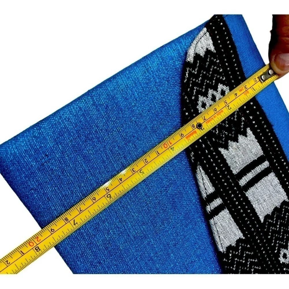 Blue Envelope Clutch Purse Black & Silver Geometric Pattern Fabric Wristlet